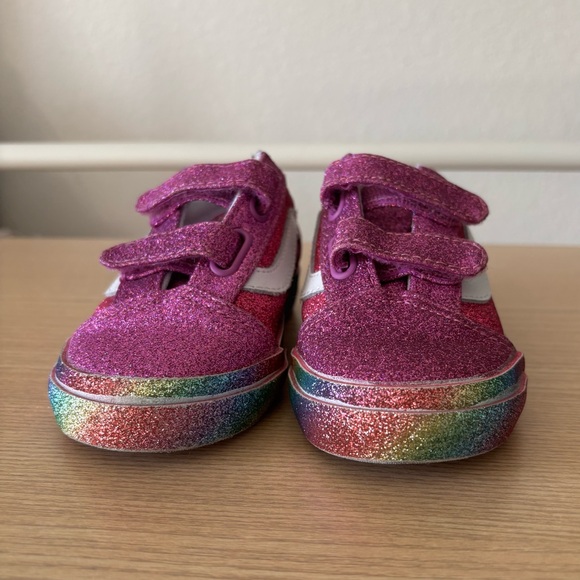 Vans Toddler Old Skool V Sneakers Pink Rainbow Glitter With Velcro Straps Size 8 - Picture 4 of 14